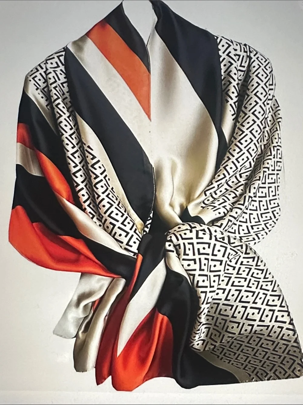 Silk Geometric & Stripe Scarf in Black, Cream & Orange